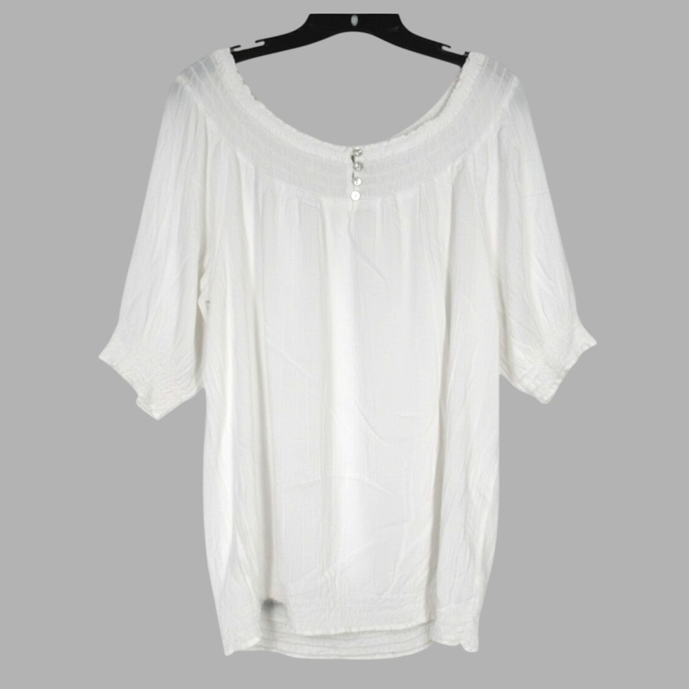 CHICO'S Thin TWILL White SMOCKED NECKLINE/HEM Buttons PEASANT BLOUSE/TOP 3/XL